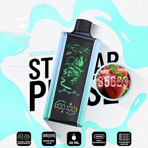 Stagbar Pulse Vape Device In Front Of A Vibrant Background With Watermelon And Ice Theme, Featuring 35000 Puffs, Digital Display, Mesh Coil, 30Ml Capacity, Type-C Charging, And Adjustable Airflow Icons.
