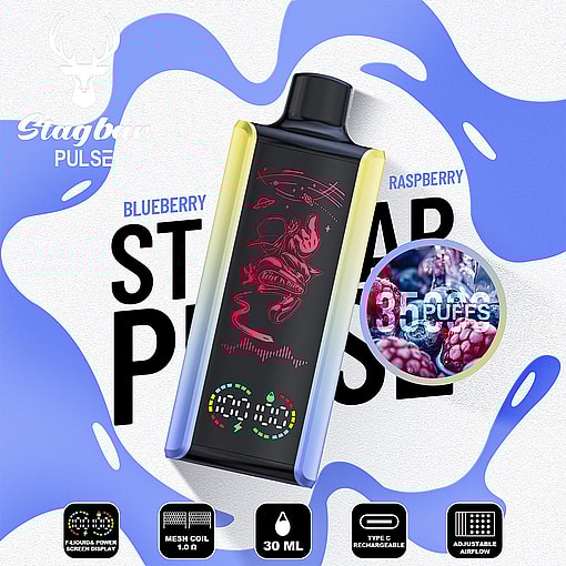 Stagbar Pulse Vape Device Featuring A Colorful Display And Illustrations, Advertised With Blueberry And Raspberry Flavors, 35000 Puffs, Mesh Coil, 30Ml Capacity, Type C Rechargeable, Adjustable Airflow, And E-Liquid/Power Screen Display.
