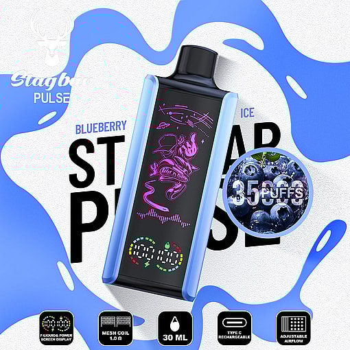 Promotional Image For Stagbar Pulse Blueberry Ice Vape Device, Featuring The Device With Led Display, Blueberry Graphics, And Icons For Features Including 3500 Puffs, Mesh Coil, 30Ml Capacity, Type-C Recharge, And Adjustable Airflow.