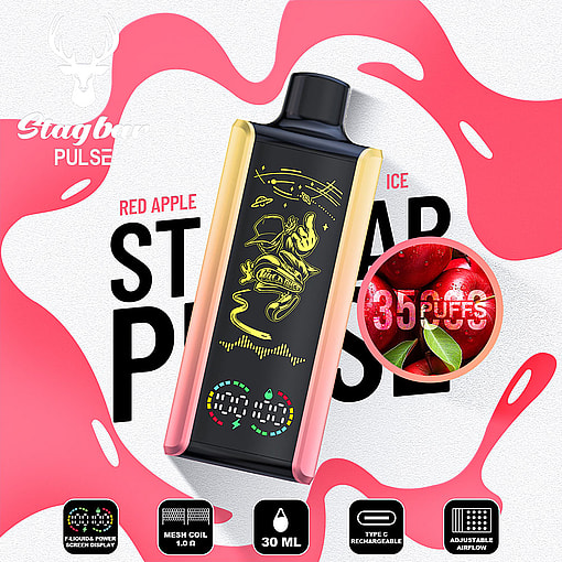 Promotional Image For Stagbar Pulse Disposable Vape In Red Apple Ice Flavor, Showing The Vape Device With Yellow Graphic Design, Product Features Icons, And A Close-Up Of Red Apples Labeled 35,000 Puffs.