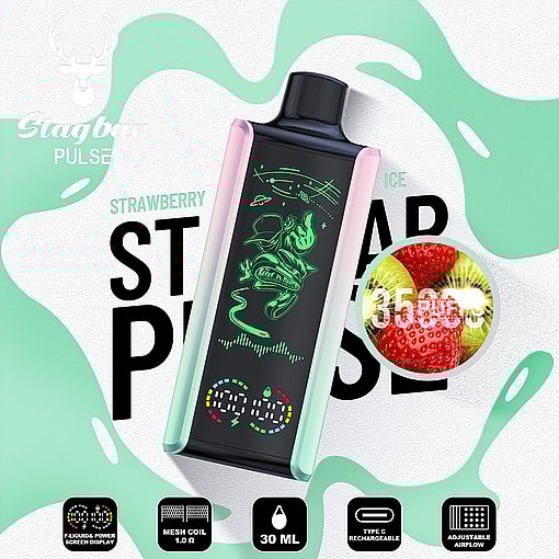 Stagbar Pulse Vape Device With Neon Design, Surrounded By Promotional Text, Strawberry Flavor Indication, And Icons For Mesh Coil, 30Ml Capacity, Usb-C Rechargeable, Adjustable Airflow, And E-Liquid Screen Display.