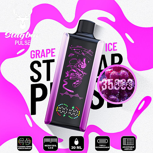 Stagbar Pulse Vape Device In Grape Ice Flavor With Vibrant Purple Accents, Digital Display Features, And Grape Imagery Highlighted With The Text '35,000 Puffs'.