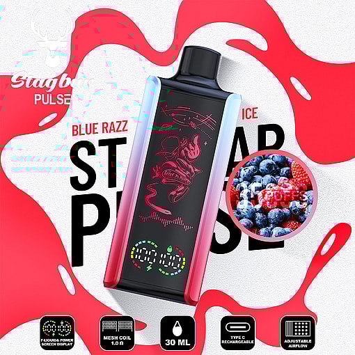 Stagbar Pulse Blue Razz Ice Vape Device With Digital Screen Display, Surrounded By Vibrant Red And White Graphics, Featuring Flavor Icons, Product Features, And An Inset Image Of Blueberries And Raspberries.