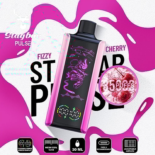 Promotional Image For A Stagbar Pulse Disposable Vape In Fizzy Cherry Flavor, Featuring A Pink And Black Device, Icons For Features Like Power Screen Display, Mesh Coil, 30Ml Capacity, Type C Charging, Adjustable Airflow, And A Highlight For 35,000 Puffs With Illustrated Cherries.