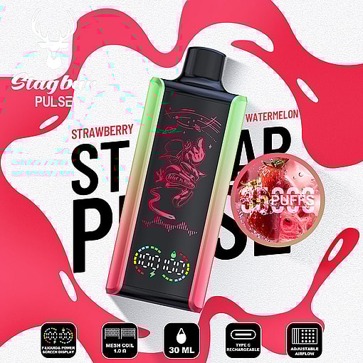 Stagbar Pulse Disposable Vape Device With A Colorful Design, Featuring Strawberry And Watermelon Flavor, Surrounded By Promotional Text Highlighting 35,000 Puffs, Mesh Coil, 30Ml E-Liquid Capacity, Type-C Charging, And Adjustable Airflow.