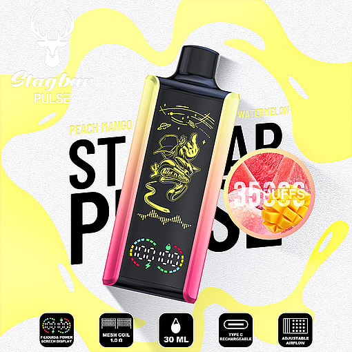 Stagbar Pulse Vape Device In Peach Mango Watermelon Flavor With A Colorful Design, Product Features Including Power Screen Display, Mesh Coil, 30 Ml Capacity, Type-C Rechargeable, And Adjustable Airflow Displayed At The Bottom, Along With Fruit Visuals And Bold Branding.