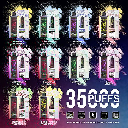 Product Display Of Twelve Stagbar Disposable Vape Devices In Various Flavors, Each Pictured With Its Packaging, Against A Colorful Paint Splash Background With Large Text Promoting 35,000 Puffs And Eu Warehouse Shipping.