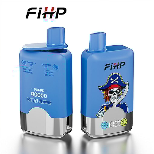 Two Blue Fihp Branded Disposable Vape Devices, One Showing Flavor Options And 40,000 Puffs Label, The Other Featuring A Pirate Graphic And Battery Indicator.