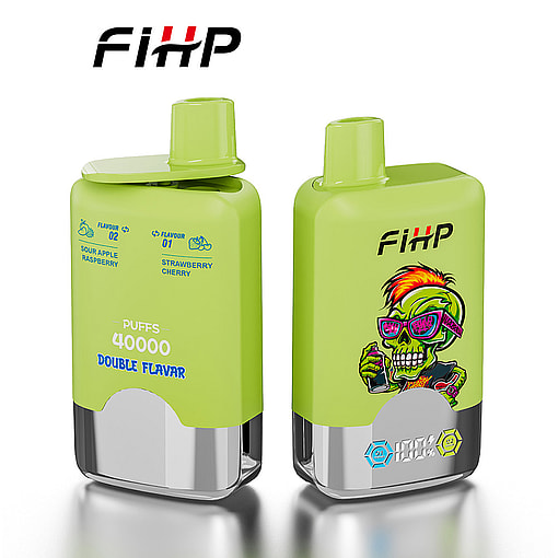 Two Green Fihp Branded Disposable Vape Devices, One Showing Flavors And Puff Count Details, The Other Featuring A Colorful Cartoon Zombie Illustration With Sunglasses, Both With Silver Accents And Angled Mouthpieces.