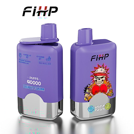 Two Purple Fihp Disposable Vape Devices Featuring Colorful Branding, Flavor Details Including Red Bull Ice And Orange Mango Watermelon, And Illustrated Graphics On A Reflective Base.