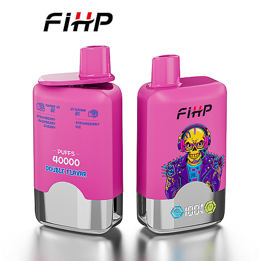 Two Pink Fihp Vape Devices With Metallic Bottoms, Displaying Flavor Options And Puff Count; One Shows An Illustrated Figure In A Spiky Jacket And Headphones.