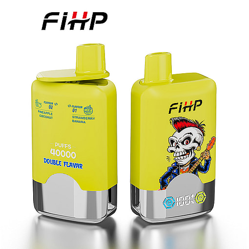 Two Yellow Fihp Disposable Vape Devices, One Showing Flavor Options And Puff Count, The Other Featuring A Cartoon Skeleton With A Red Mohawk Playing Guitar, Both With Metallic Silver Bases.