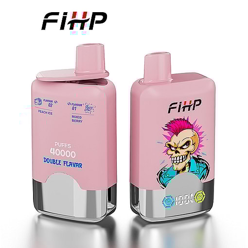 Two Pink Fihp Vape Devices, One Showing Flavor Options Of Peach Ice And Mixed Berry With 40,000 Puffs, And The Other Featuring A Punk Skull Illustration And An Led Display At The Bottom.