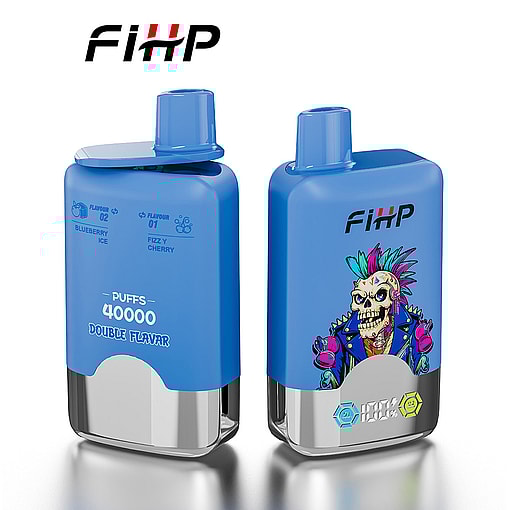 Two Blue Fihp Branded Disposable Vape Devices, One Featuring A Product Label With Flavors Blueberry Ice And Fizzy Cherry, And The Other Displaying A Colorful Punk Skeleton Illustration.