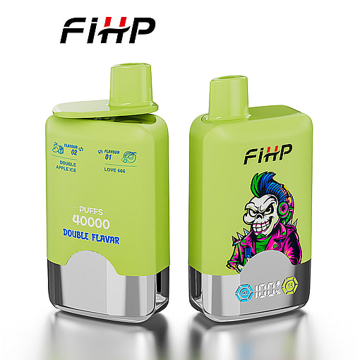 Two Green Fihp Branded Disposable Vape Devices, One Displaying Flavor And Puff Information And The Other Featuring A Cartoon Punk Skull In A Colorful Jacket.