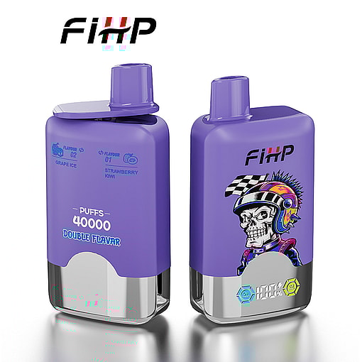 Two Purple Fihp Branded Vape Devices With Metallic Bottoms, Featuring Double Flavor Options Of Grape Ice And Strawberry Kiwi, One Showing Dosage Information And The Other Decorated With A Cartoon Skull Wearing A Racing Helmet.