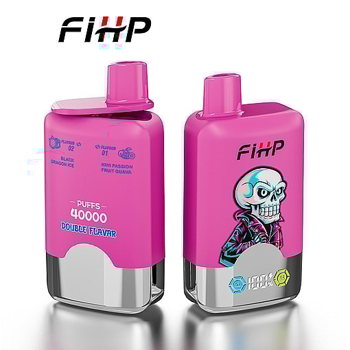 Two Pink Fihp Branded Vape Devices Featuring Dual Flavors, Bold Text Indicating 40,000 Puffs And Double Flavor, With One Device Showcasing A Cartoon Skeleton In A Jacket And The Other Displaying The Flavors Black Dragon Ice And Kiwi Passion Fruit Guava.