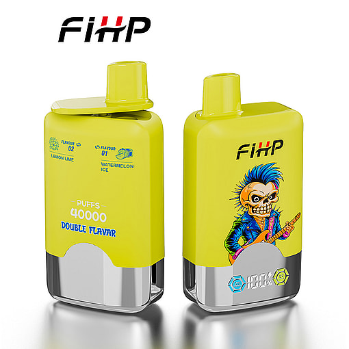 Two Yellow Fihp Branded Vape Devices With Metallic Bases, Displaying Flavors Lemon Lime And Watermelon Ice, Illustrated With A Colorful Punk Rocker Holding A Guitar.