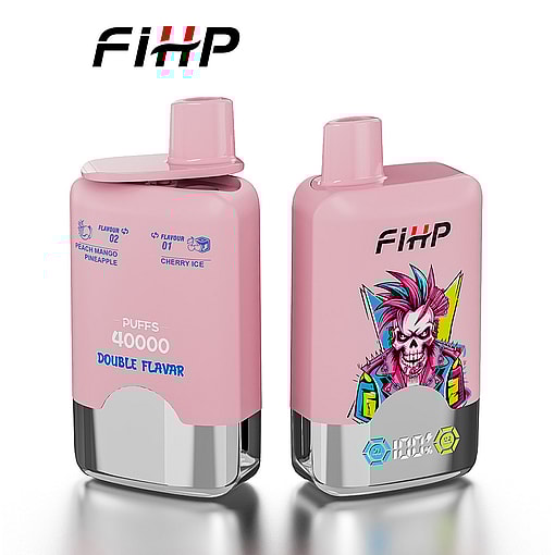 Two Pink Fihp Vape Devices, One Displaying Flavor Options And Puff Count, And The Other Featuring A Colorful Punk Skeleton Illustration.