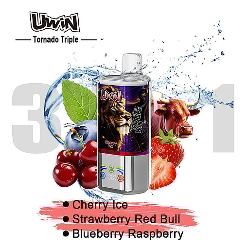 Uwin Tornado Triple Vape Bottle With Lion And Ice Graphics, Surrounded By Cherries, Blueberries, Strawberries, A Mint Leaf, And A Red Bull, Highlighting The Flavors Cherry Ice, Strawberry Red Bull, And Blueberry Raspberry.