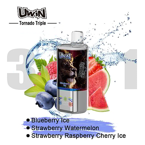 Uwin Tornado Triple Vape Bottle With A Lion Graphic, Surrounded By Splashing Water, Blueberries, Strawberries, Raspberries, Watermelon, And Text Listing Flavors: Blueberry Ice, Strawberry Watermelon, And Strawberry Raspberry Cherry Ice.