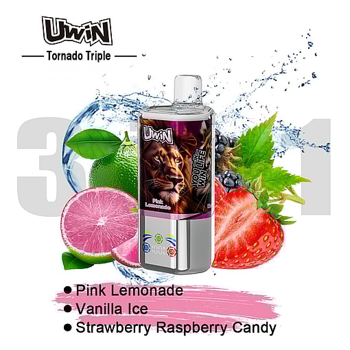 Uwin Tornado Triple Vape Product With A Lion Illustration Surrounded By Splashing Water, Lime, Pink Lemon, Strawberries, And Black Raspberries, Highlighting The Flavors: Pink Lemonade, Vanilla Ice, And Strawberry Raspberry Candy.