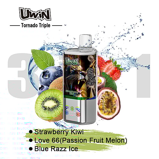 Uwin Tornado Triple Vape Device With Images Of Assorted Fruits Including Strawberry, Kiwi, Blueberry, And Passion Fruit Melon, Featuring Flavor Options Strawberry Kiwi, Love 66 (Passion Fruit Melon), And Blue Razz Ice.