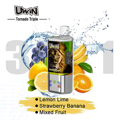 Uwin Tornado Triple Vape Device With A Lion Graphic, Surrounded By Lemon, Lime, Orange Slices, Bananas, Grapes, Water Splashes, And Text Highlighting Three Flavors: Lemon Lime, Strawberry Banana, And Mixed Fruit.