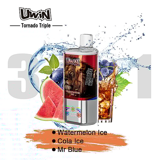 Uwin Tornado Triple Vape Device Featuring A Lion Image, Surrounded By Watermelon Slices, Cola With Ice, Blueberries, And Text Listing Flavors: Watermelon Ice, Cola Ice, Mr Blue.