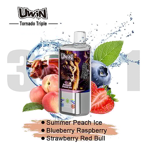 Uwin Tornado Triple Vape Product With Lion Graphic On The Label, Surrounded By Peaches, Blueberries, Strawberries, A Red Bull Illustration, And Water Splash, Highlighting Flavors: Summer Peach Ice, Blueberry Raspberry, And Strawberry Red Bull.