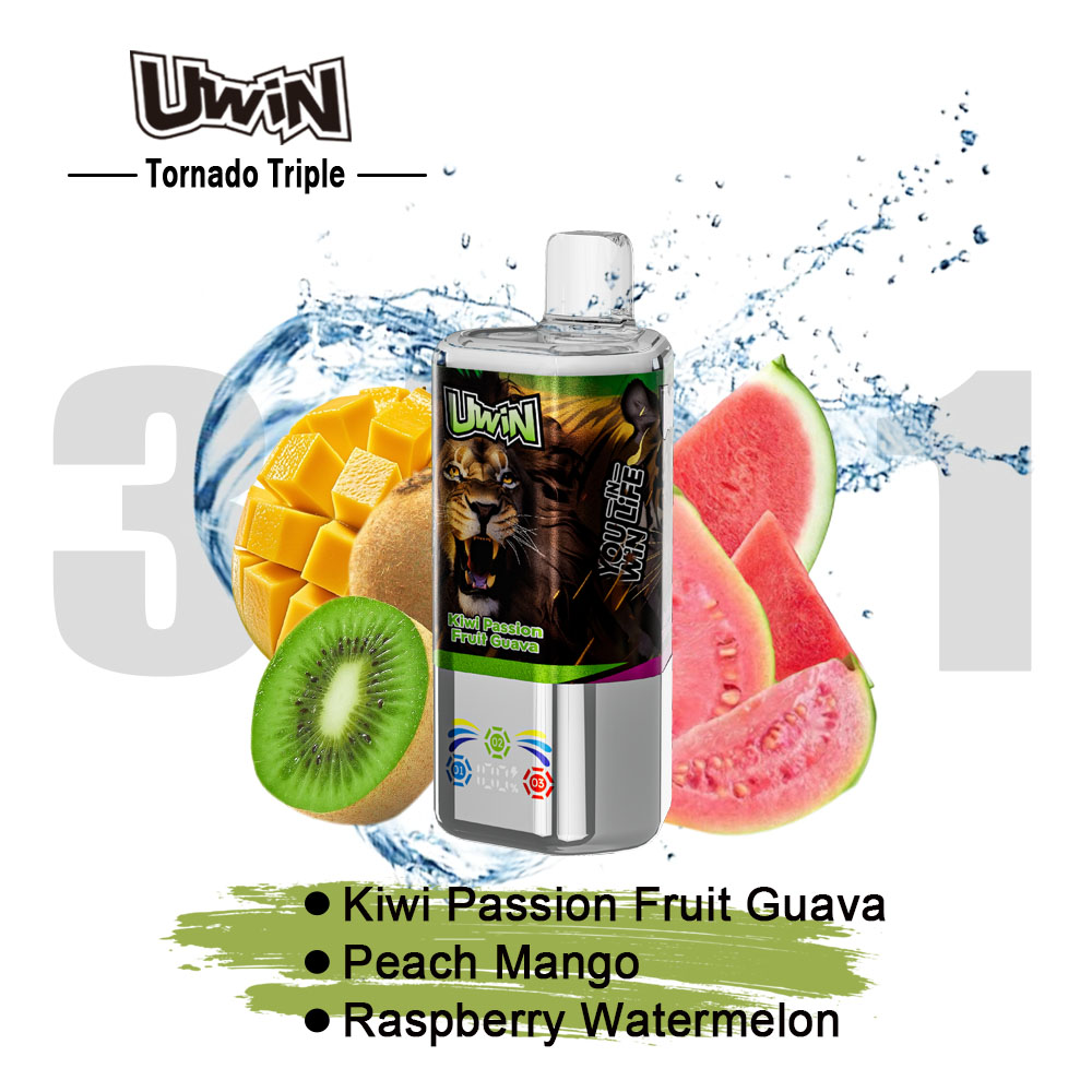 Uwin Tornado Triple Vape Device Displayed With Kiwi, Mango, Guava, Passion Fruit, Peach, Raspberry, And Watermelon Slices, Highlighted By Splashing Water Graphics And Flavor Names.