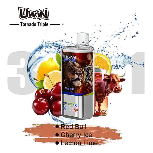Uwin Tornado Triple Vape Product With Lion And Bull Imagery, Surrounded By Cherries, Lemon, Lime, An Energy Drink, And Splashing Water, Highlighting Red Bull, Cherry Ice, And Lemon Lime Flavors.