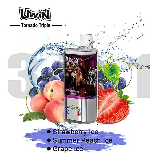 Uwin Tornado Triple Vape Device Displayed With Splashing Water, Surrounded By Strawberries, Peaches, And Grapes To Illustrate Its Strawberry Ice, Summer Peach Ice, And Grape Ice Flavors.