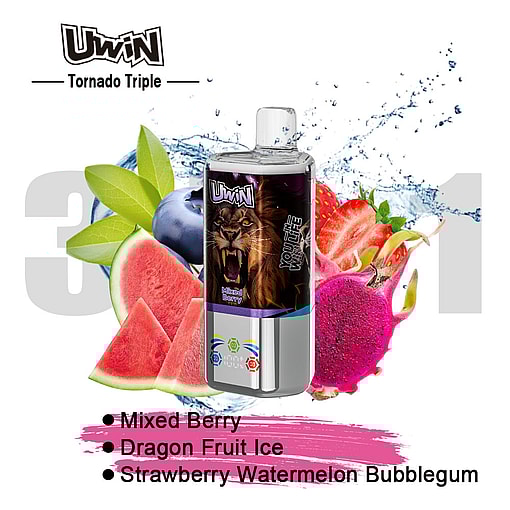Uwin Tornado Triple Vape Device With A Lion Graphic On The Label, Surrounded By Blueberries, Watermelon, Strawberries, And Dragon Fruit, Highlighting Mixed Berry, Dragon Fruit Ice, And Strawberry Watermelon Bubblegum Flavors.