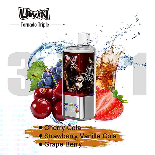 Uwin Tornado Triple Vape Product With A Lion Image On The Packaging, Surrounded By Cherries, Strawberries, Grapes, A Glass Of Cola, And Splashes Of Water, Highlighting Cherry Cola, Strawberry Vanilla Cola, And Grape Berry Flavors.