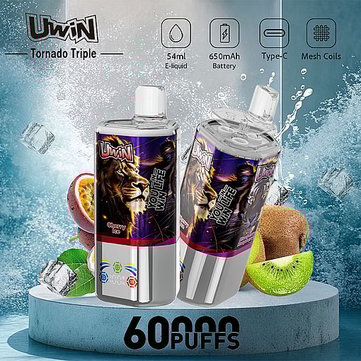 Two Uwin Tornado Triple Disposable Vape Devices With A Lion Graphic And Cherry Ice Flavor, Displayed With Ice Cubes, Passion Fruit, And Kiwi, Highlighting Features Like 54Ml E-Liquid, 650Mah Battery, Type-C Charging, Mesh Coils, And 60,000 Puffs Capacity.