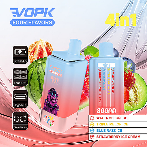 Promotional Image For Vopk 4-In-1 Vape Displaying Two Vape Devices, Various Fruits Like Watermelon, Strawberry, And Blueberries, And Highlighting Features Such As 650Mah Battery, Digital Display, 8000 Puffs, And Four Flavors: Watermelon Ice, Triple Melon Ice, Blue Razz Ice, And Strawberry Ice Cream.