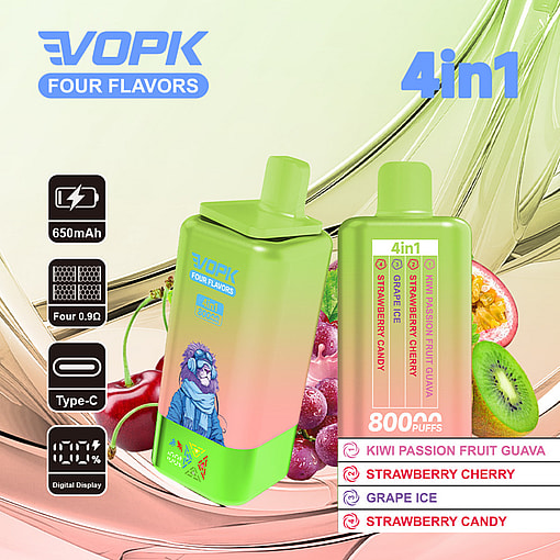 Vopk Four Flavors 4-In-1 Vape Device With Green Gradient Body, Featuring Cartoon Graphics, Digital Display, 650Mah Battery, Type-C Charging, And Flavor Options: Kiwi Passion Fruit Guava, Strawberry Cherry, Grape Ice, And Strawberry Candy; Fruit Images In Background.