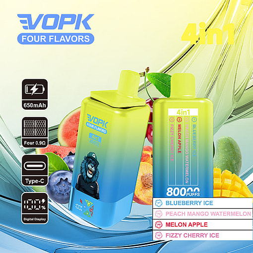 Promotional Image For Vopk Four Flavors 4-In-1 Disposable Vape Device, Featuring Two Vape Units With A Lion Illustration And Flavor Selection Panel, Surrounded By Fruit Images Representing The Available Flavors: Blueberry Ice, Peach Mango Watermelon, Melon Apple, And Fizzy Cherry Ice.