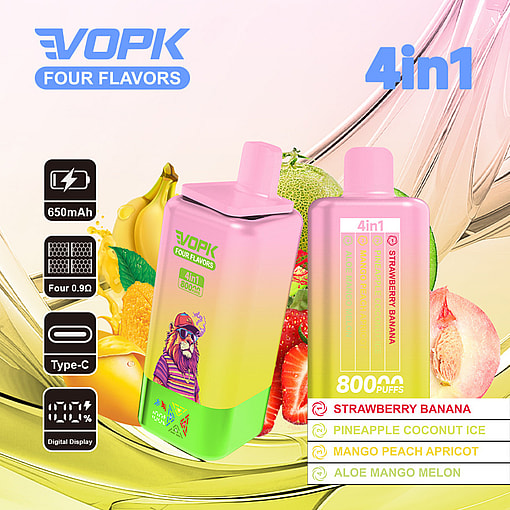 Vopk Four Flavors 4-In-1 Vape Device Shown With Tropical Fruit Illustrations, Highlighting Its 650Mah Battery, Digital Display, Type-C Charging, And Flavor Options: Strawberry Banana, Pineapple Coconut Ice, Mango Peach Apricot, And Aloe Mango Melon.