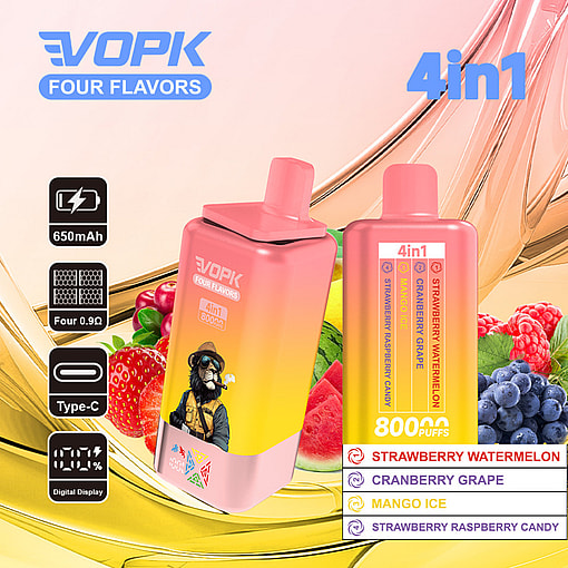 Promotional Image For Vopk Four Flavors 4In1 Vaping Device, Featuring Two Vape Pods With Peach And Pink Gradient Design, Surrounded By Strawberries, Grapes, Raspberries, And Mango, Highlighting 800 Puffs And Flavor Options: Strawberry Watermelon, Cranberry Grape, Mango Ice, And Strawberry Raspberry Candy.