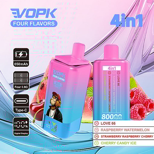 Colorful Vopk 4-In-1 Vape Devices With Gradient Pink And Blue Design, Showing Four Flavors (Love 66, Raspberry Watermelon, Strawberry Raspberry Cherry, Cherry Candy Ice) And Product Features, With Fruit Graphics Including Watermelon, Cherry, And Raspberry In The Background.