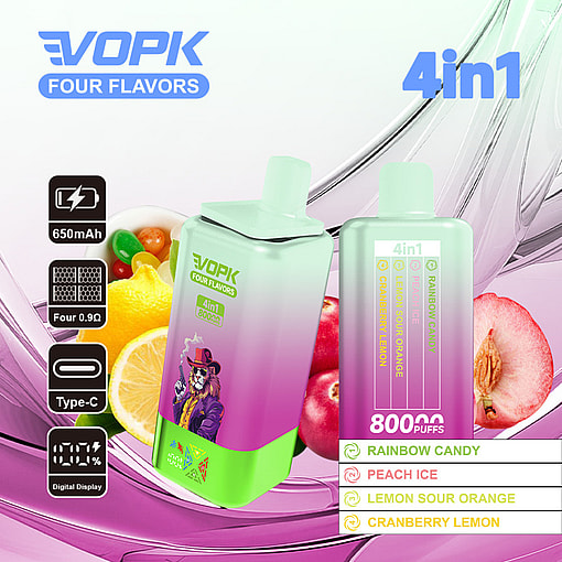 Vopk Four Flavors 4-In-1 Vape Device Featuring Digital Display, 650Mah Battery, Type-C Charging, And Four E-Liquid Flavors (Rainbow Candy, Peach Ice, Lemon Sour Orange, Cranberry Lemon), Shown With Illustrated Lion Character And Assorted Fruit Visuals.