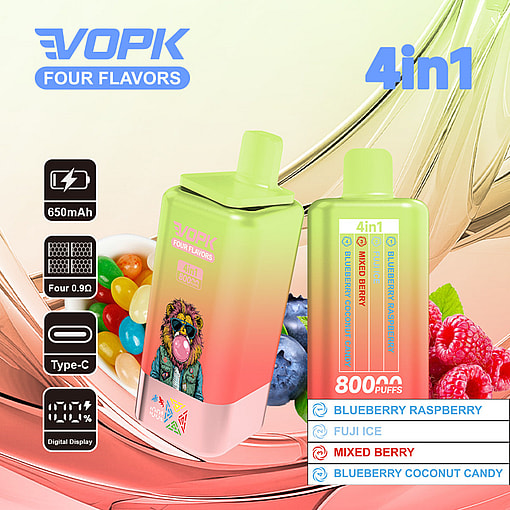 Vopk Four Flavors 4-In-1 Disposable Vape Device With Digital Display, Type-C Charging, 650Mah Battery, And 8000 Puffs, Featuring Blueberry Raspberry, Fuji Ice, Mixed Berry, And Blueberry Coconut Candy Flavors, Shown With Candy And Berries In The Background.