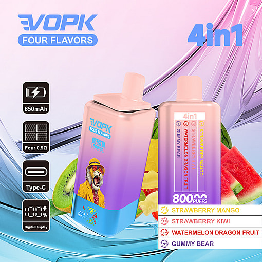 Vopk Four Flavors 4-In-1 Disposable Vape With Digital Display, Featuring 650Mah Battery And Type-C Port, Shown With Images Of Fruits And Gummy Candy Representing The Flavors: Strawberry Mango, Strawberry Kiwi, Watermelon Dragon Fruit, And Gummy Bear.