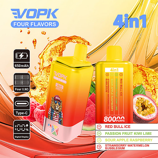 Promotional Image For Vopk Four Flavors 4-In-1 Vape Device, Featuring Two Yellow And Red Gradient Vape Units, Fruit Illustrations, Liquid Splashes, And Product Features Including 8000 Puffs, 650Mah Battery, Digital Display, And Four Listed Flavors.