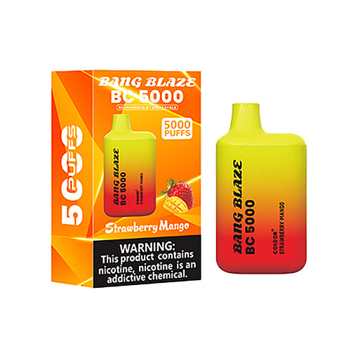 Bang Blaze Bc 5000 Disposable Vape In Strawberry Mango Flavor With Packaging Featuring A Yellow And Red Gradient Design, Fruit Illustrations, And A Nicotine Warning Label.