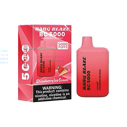 Bang Blaze Bc5000 Disposable Vape Device And Packaging In Strawberry Ice Cream Flavor, With 5000 Puffs Indicated And A Nicotine Addiction Warning Label.