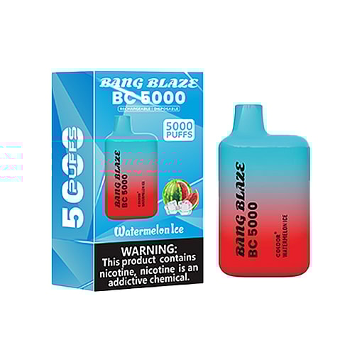 Bang Blaze Bc 5000 Disposable Vape Device And Packaging, Featuring A Blue And Red Gradient Design And Labeled Watermelon Ice Flavor, With A Warning About Nicotine Addiction.