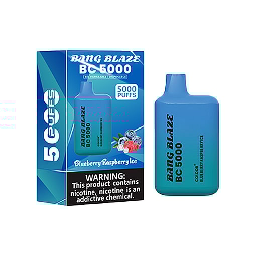 Bang Blaze Bc5000 Disposable Vape Device And Packaging For Blueberry Raspberry Ice Flavor, Featuring A Blue Color Scheme And A Nicotine Warning Label.